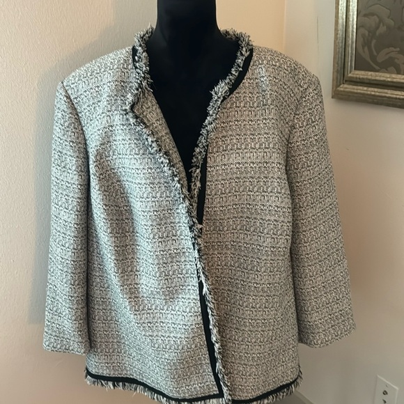 Jones Studio black white metallic tweed fringe open front blazer jacket Sz 24W - Picture 1 of 6